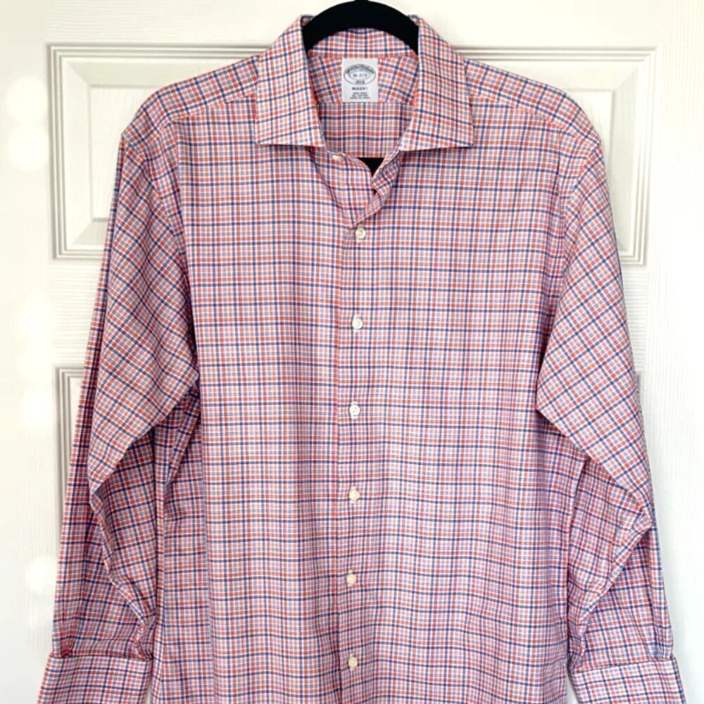 Brooks Brothers Regent 16-32/33 Orange Blue Check Cotton Dress Shirt USA Classic